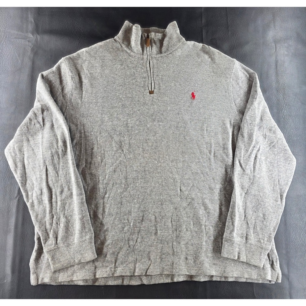 Polo Ralph Lauren Mens XXL Grey Quarter Zip Pullover Cotton Knit Sweater Pony